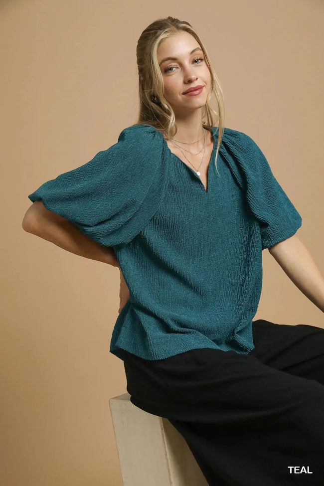 Umgee Textured Flutter Sleeve Notch Neck Blouse  Style Ratio