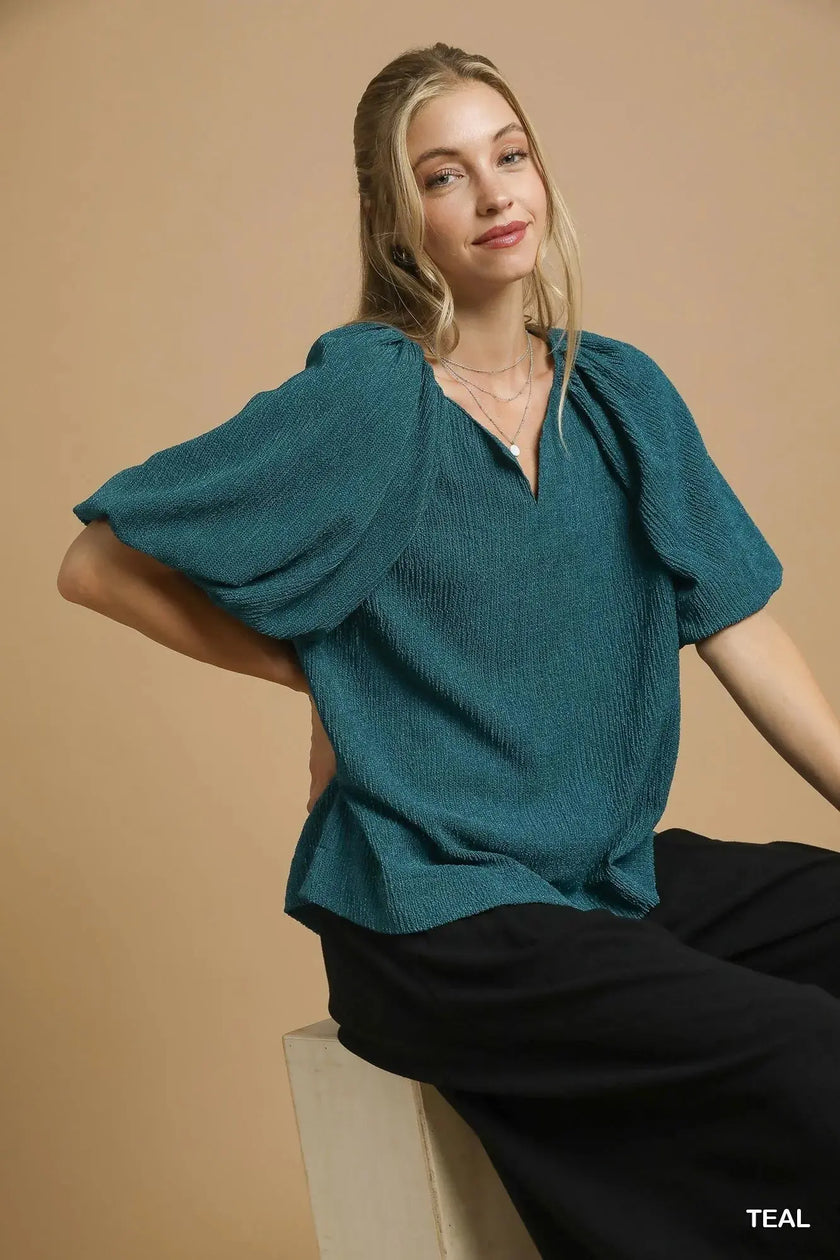 Umgee Textured Flutter Sleeve Notch Neck Blouse  Style Ratio