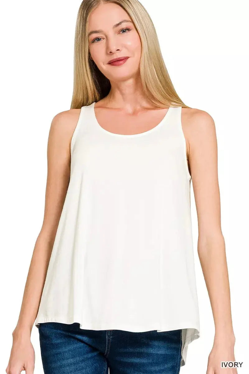 Zenana Flowy Hem Rayon Sleeveless Tank Top  Style Ratio