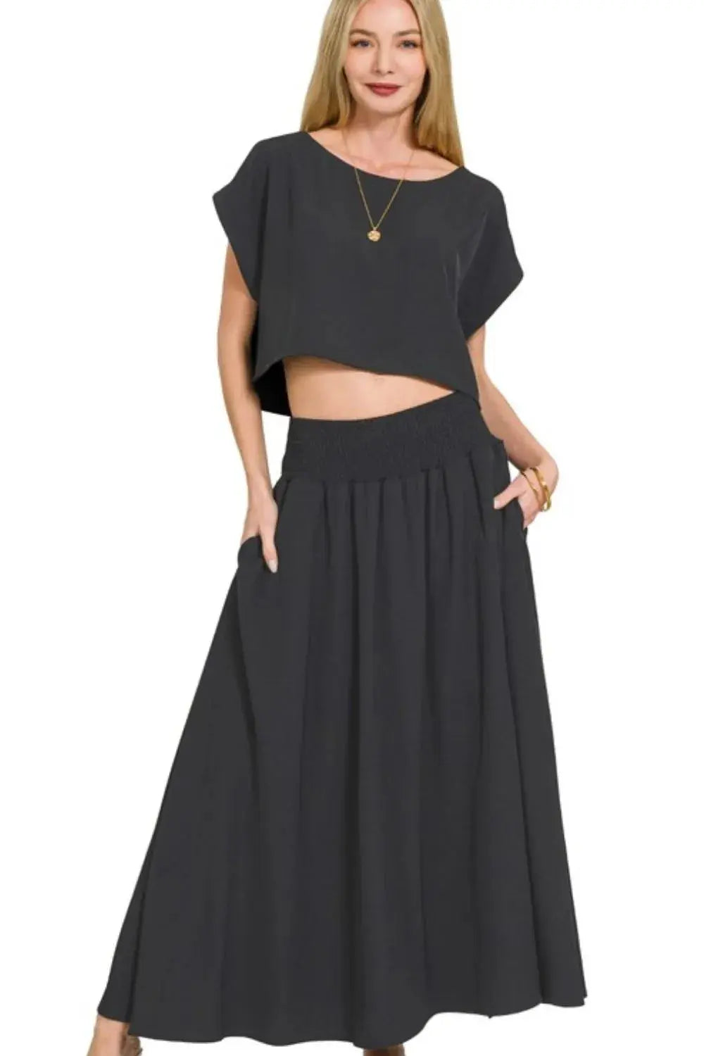 Zenana Heavy Woven Span Crop Tee & Skirt Set  Style Ratio