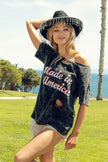BiBi Laser Cut Mineral Washed America Print Short Sleeve Shirt  Style Ratio