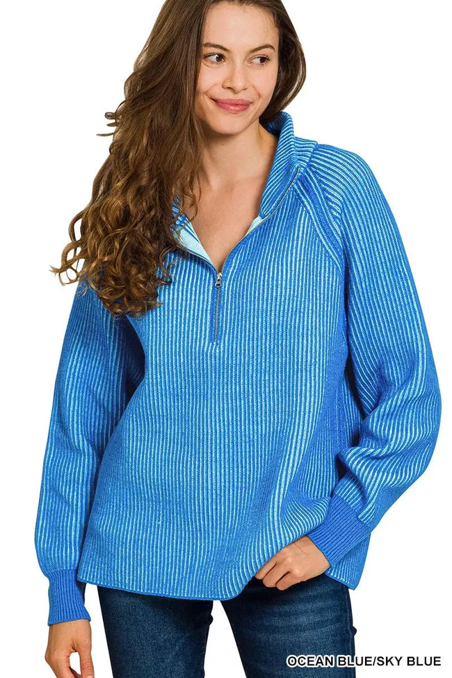 Zenana Ribbed Two Tone Half Zip Sweatshirt  Style Ratio