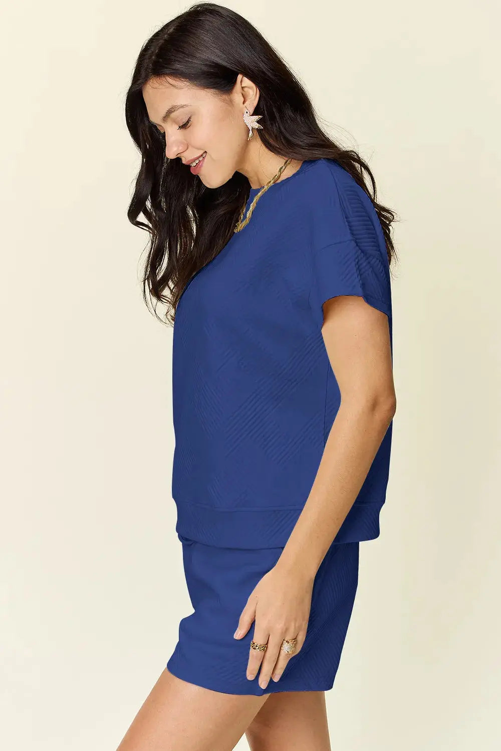 Double Take Full Size Texture Short Sleeve T-Shirt and Drawstring Shorts Set  Style Ratio