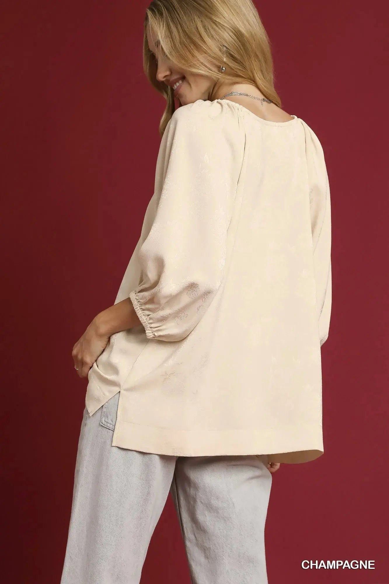Umgee Satin Jacquard Balloon Sleeve Blouse  Style Ratio