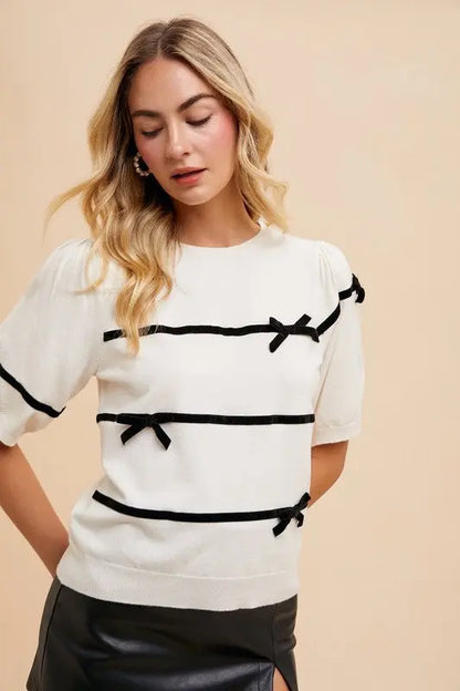 Annie Wear Bow Round Neck Knit Sweater Trendsi