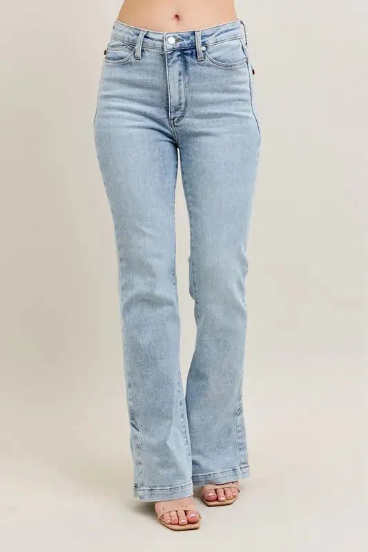 Judy Blue Full Size Tummy Control Vintage Wash Side Slit Slim Boot Jeans Plus Size  Style Ratio