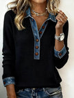 Full Size Denim Trim Button Front Ribbed Knit Top Plus Size  Style Ratio