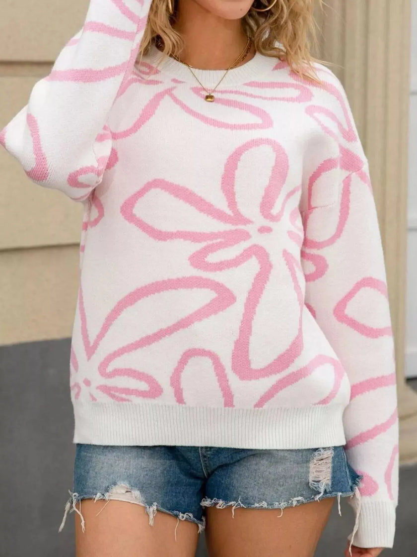 Flower Crew Neck Long Sleeve Sweater  Style Ratio