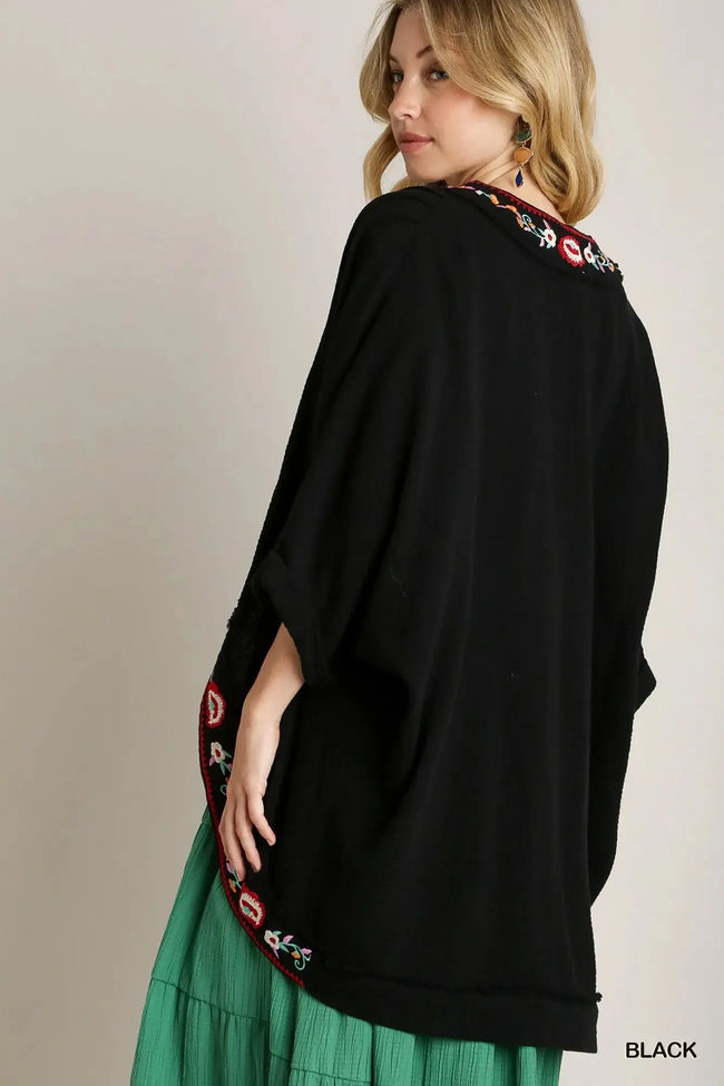 Umgee Embroidery Open Front Kimono with Pleated Shoulder Detail  Style Ratio