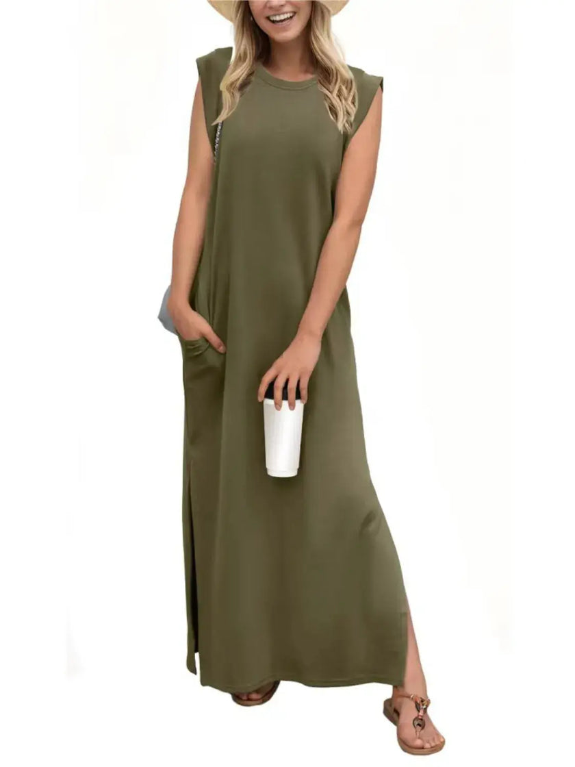 Full Size Slit Round Neck Sleeveless Maxi Tank Dress  Style Ratio