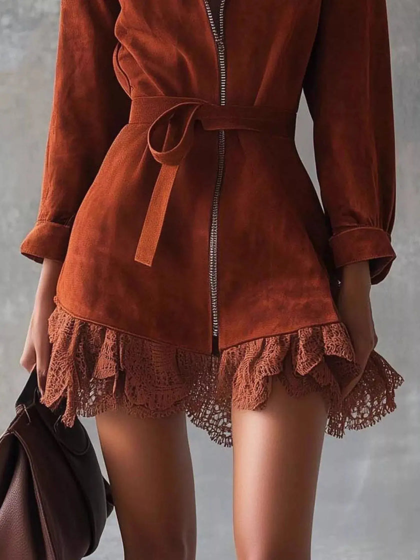 Lace-Trim Zip Front Dress  Style Ratio