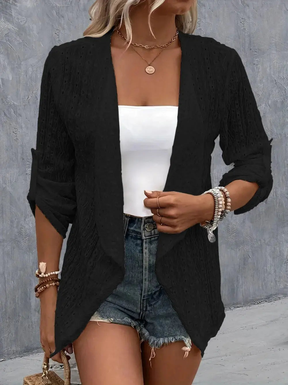 Eyelet Roll-Tab Sleeve Cardigan  Style Ratio