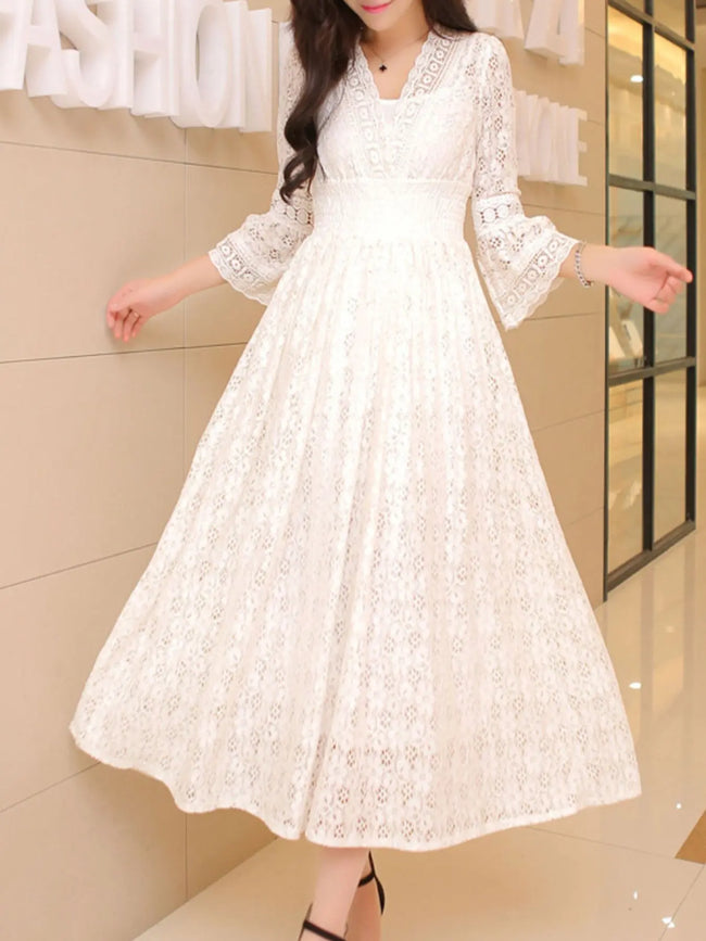 Lace 3/4 Sleeve Midi Dress  Style Ratio