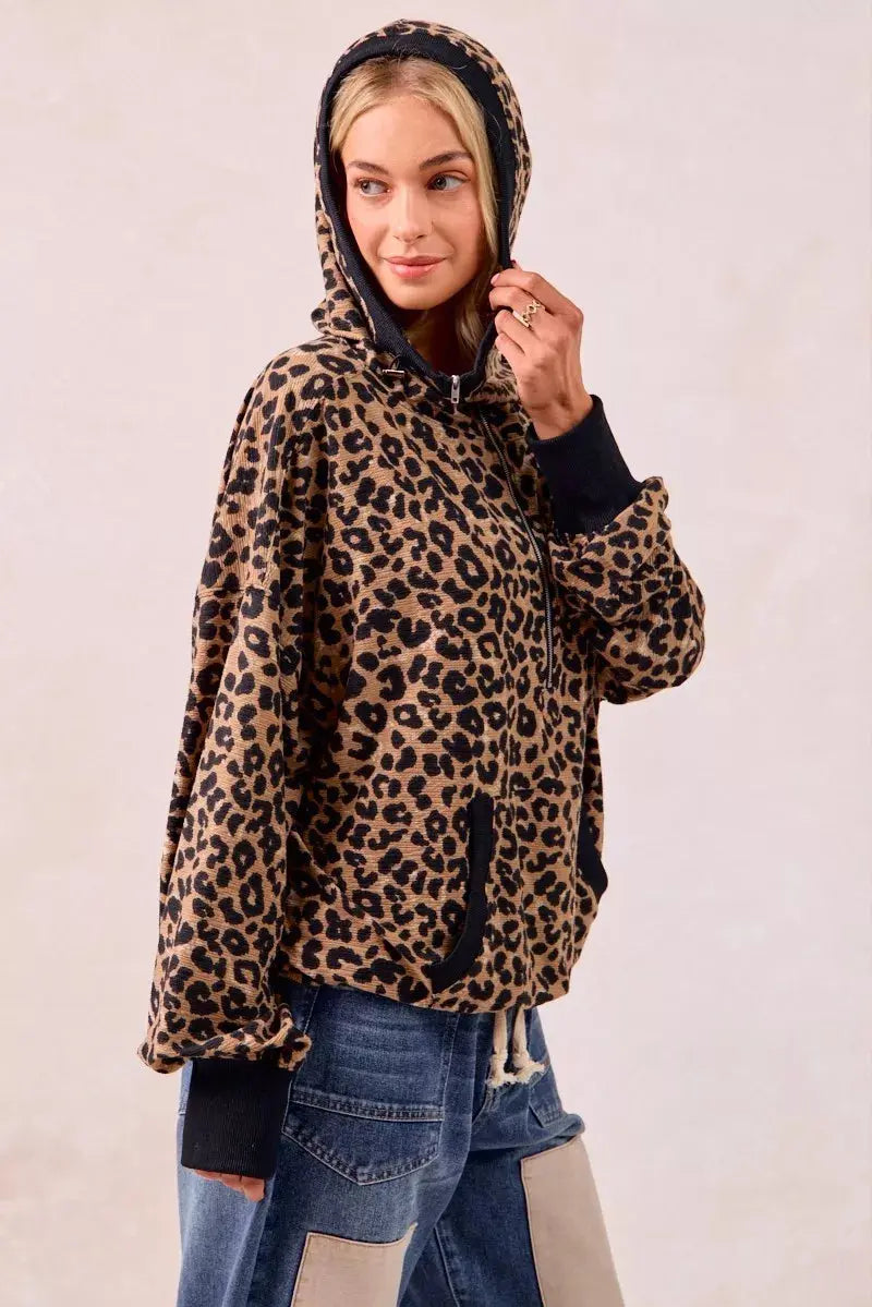 BiBi Leopard Print Waffle Half Zip Up Hoodie W Pocket  Style Ratio