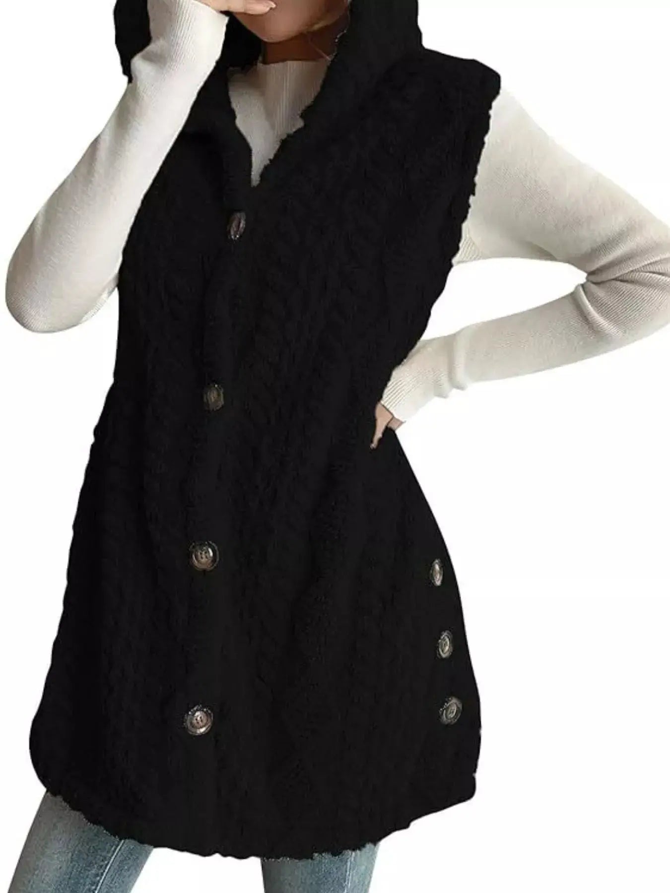 Button-Down Sherpa Hooded Vest Coat  Style Ratio