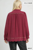 Umgee Full Size Linen Scallop Hem Blouse with Contrast Trim  Style Ratio