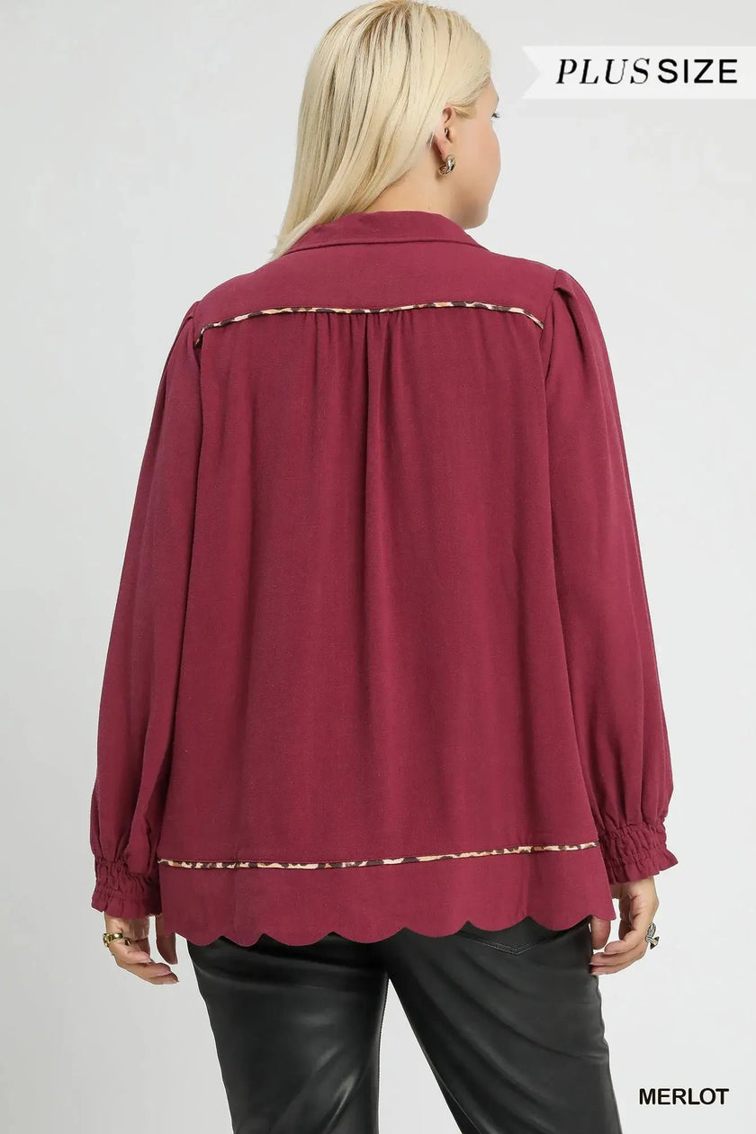 Umgee Full Size Linen Scallop Hem Blouse with Contrast Trim  Style Ratio