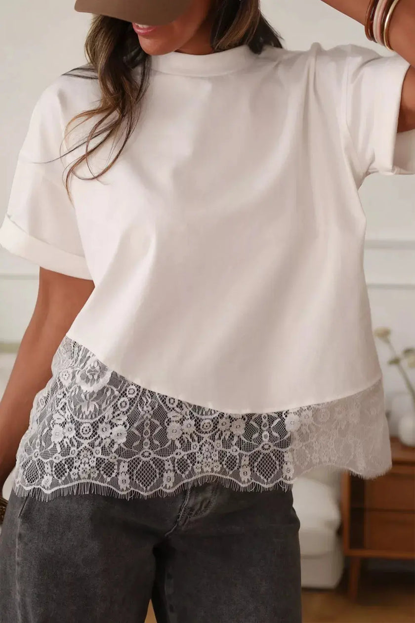 Asymmetric Lace Hem Patchwork Tee  Style Ratio