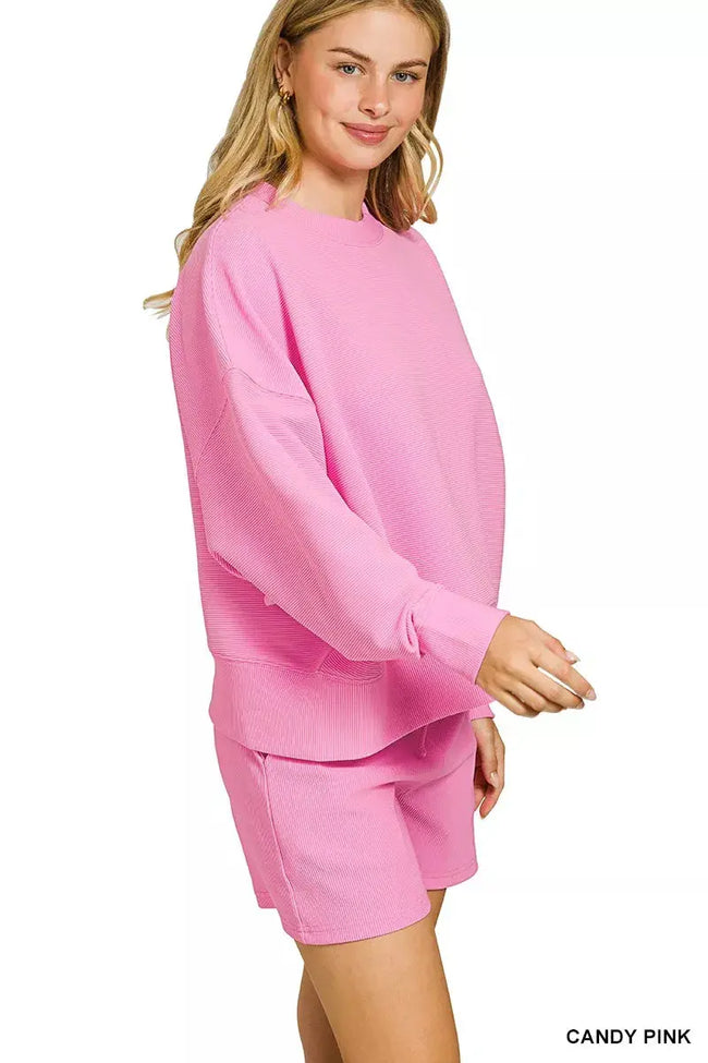 Zenana Ribbed Round Neck Pullover and Shorts Set  Style Ratio