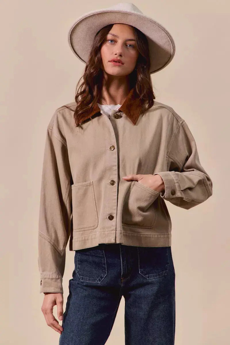 SO ME Cotton Twill Cropped Barn Jacket wtih Collar  Style Ratio
