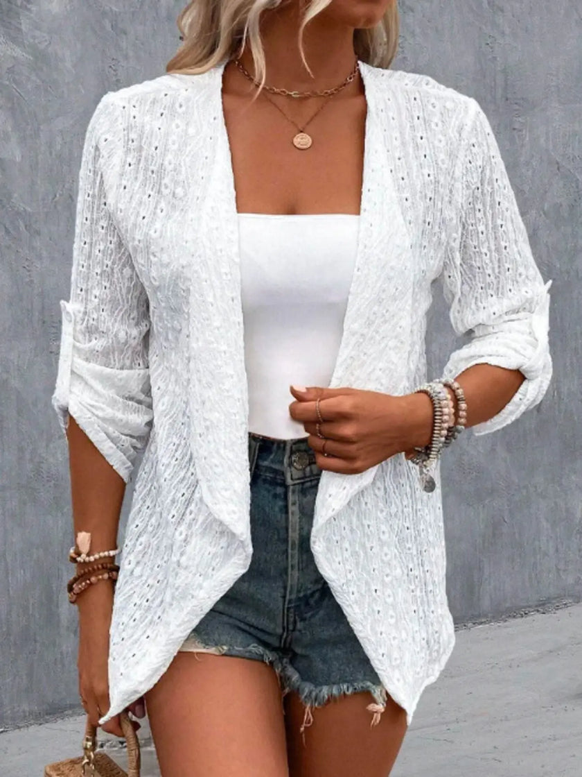 Eyelet Embroidered Open Front Cardigan  Style Ratio