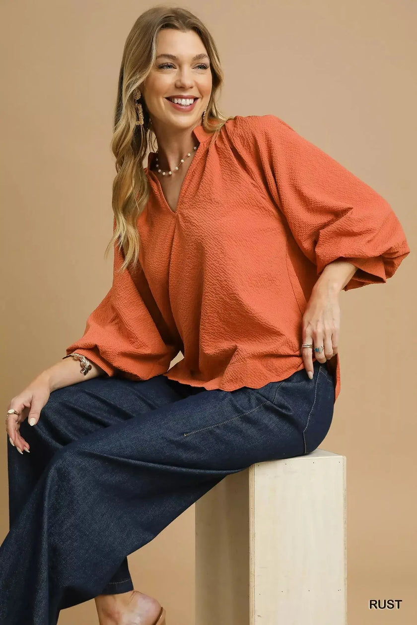Umgee Textured Notched Balloon Sleeve Blouse with Scalloped Hem  Style Ratio