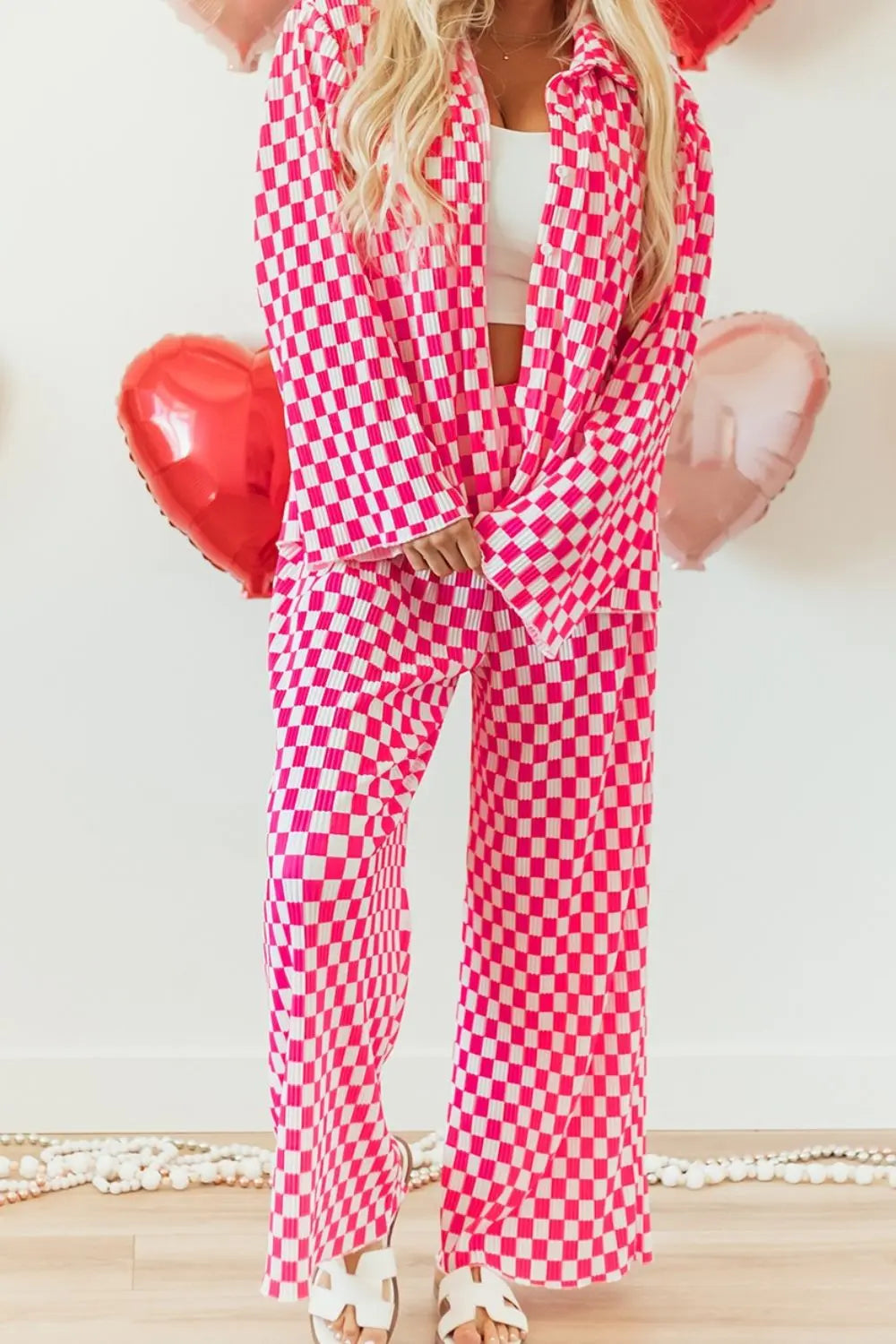 Checkerboard Print Long Sleeve Top and Pants Set  Style Ratio