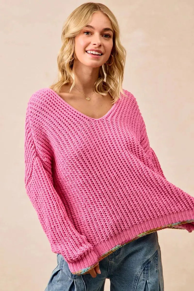 BiBi V Neck Sweater with Colorful Trim  Style Ratio