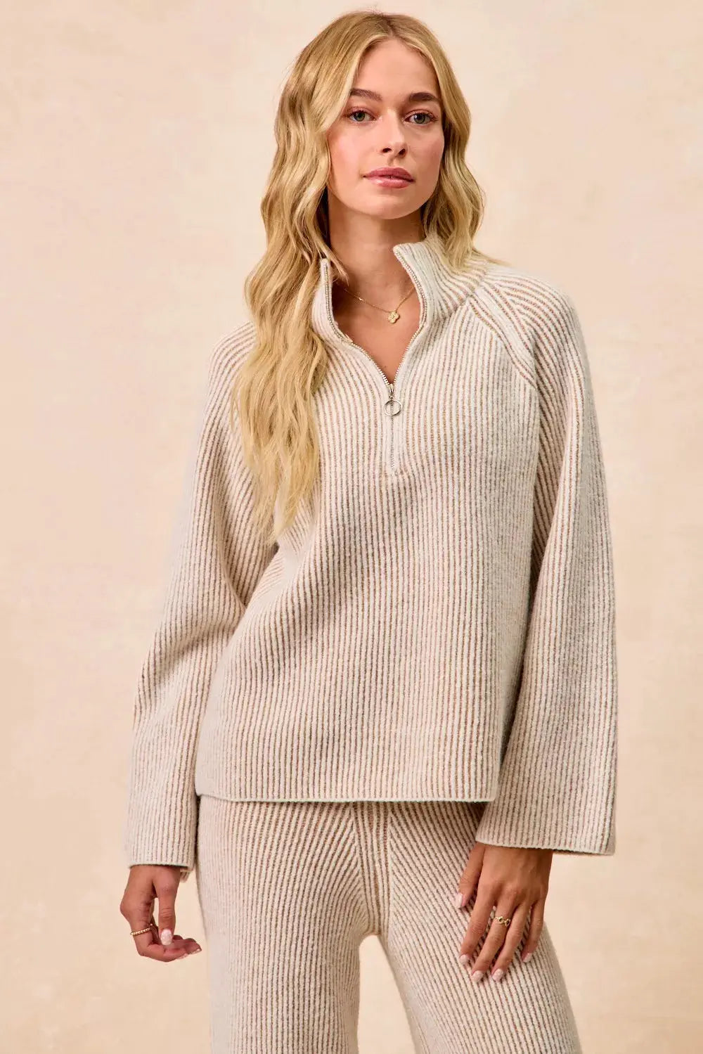 BiBi Two Tone Rib Textured Knit Collared Top with Zip Up  Style Ratio
