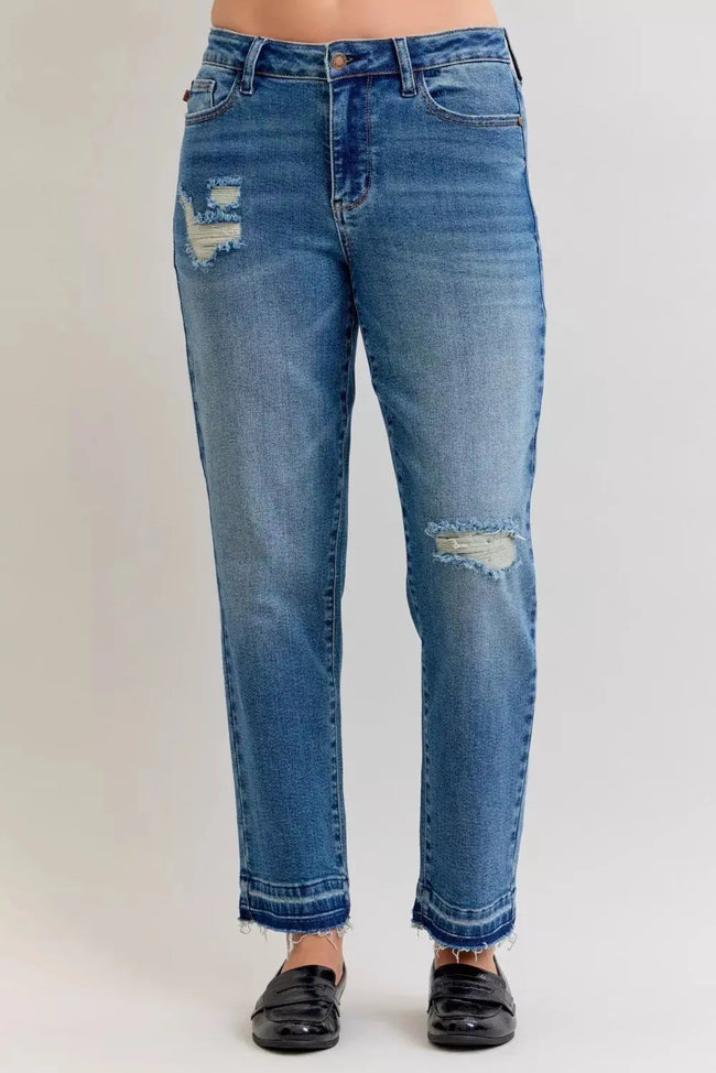 Judy Blue Full Size Mid Rise Bf Patch & Repair Destroy Release Hem Jeans  Style Ratio