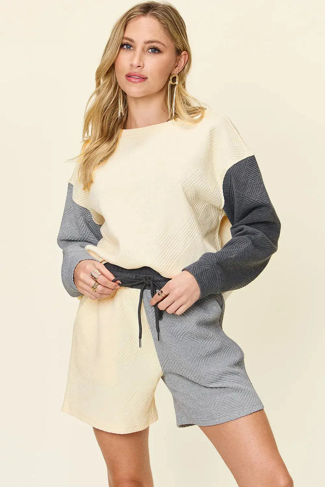 Double Take Full Size Contrast Drop Shoulder Top and Shorts Set  Style Ratio