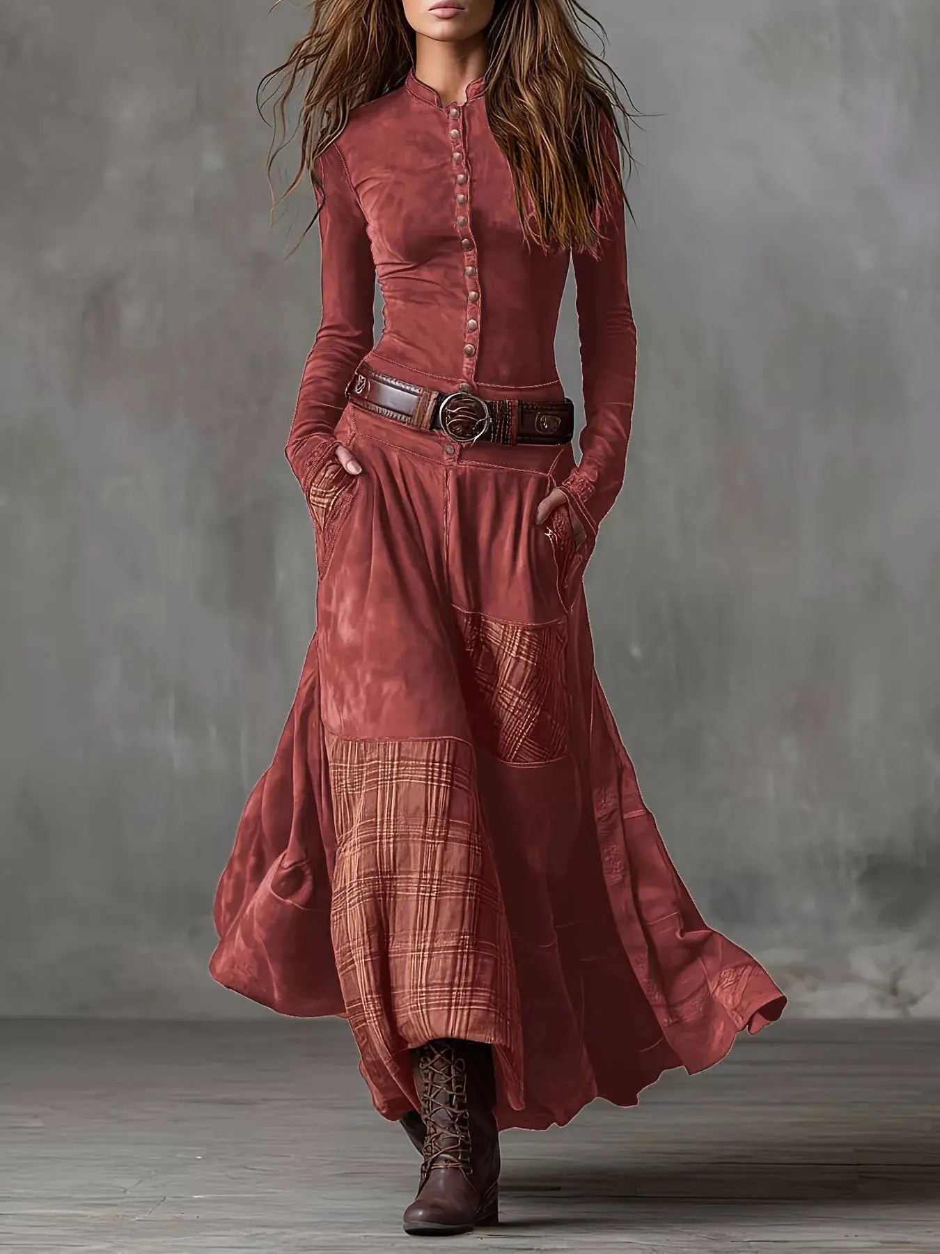Full Size Plaid Button Front Long Sleeve Dress  Style Ratio