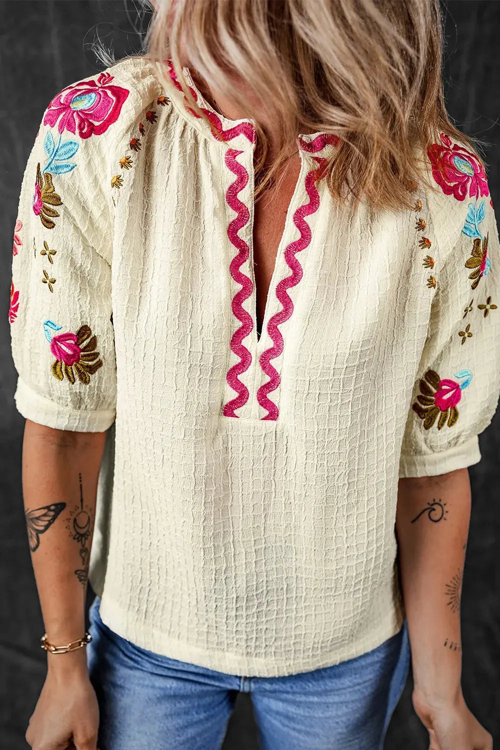 Floral Embroidered Notched Puff Sleeve Blouse  Style Ratio