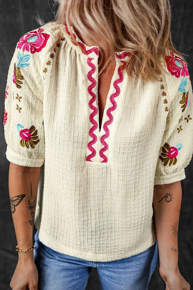 Floral Embroidered Notched Puff Sleeve Blouse  Style Ratio