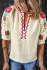 Floral Embroidered Notched Puff Sleeve Blouse  Style Ratio