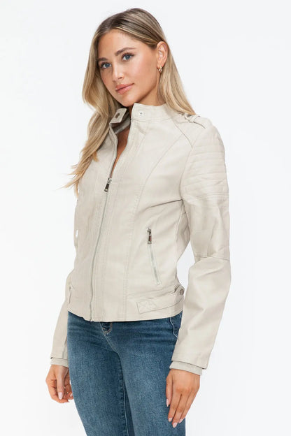 Snobbish Leather Biker Jacket with Side Zip Pockets Trendsi