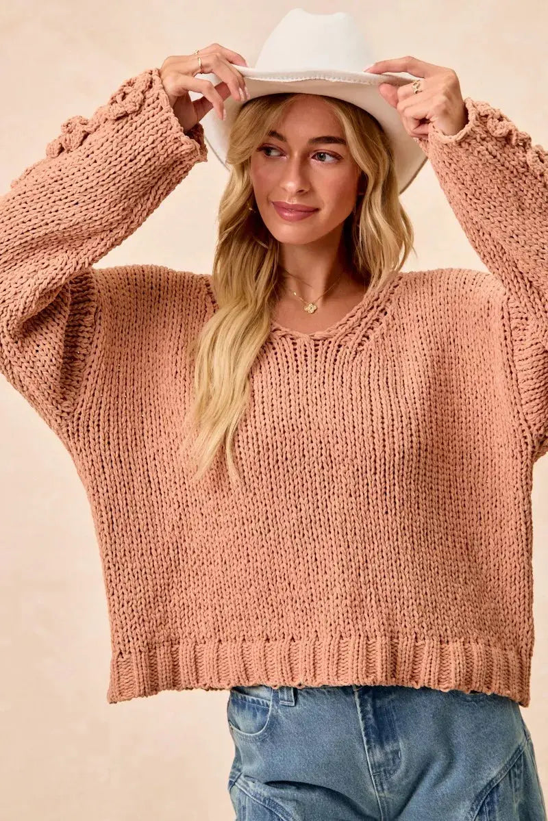 BiBi Chunky Knit Sweater with Flower Detail Sleeves  Style Ratio