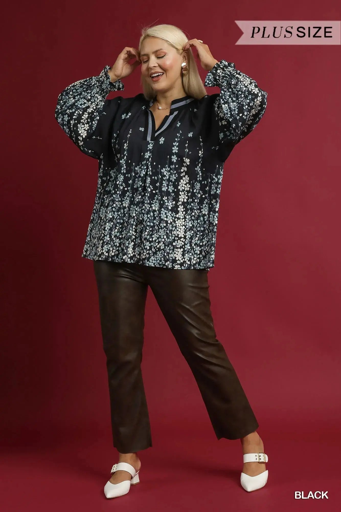 Umgee Full Size Floral Vine Print Blouse with Balloon Sleeves  Style Ratio