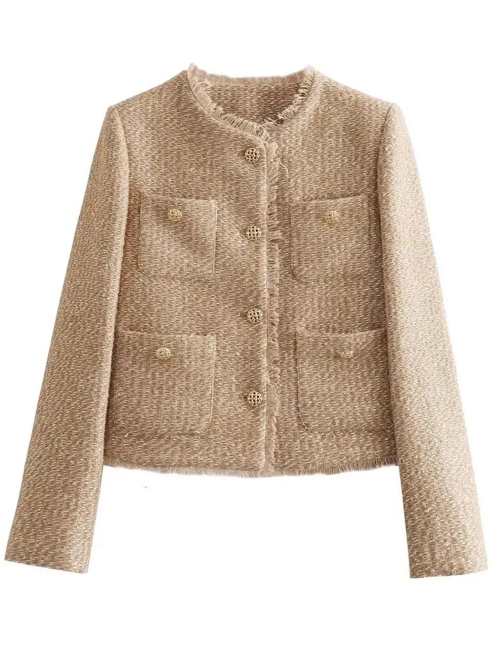 Raw Hem Pocketed Round Neck Jacket  Style Ratio