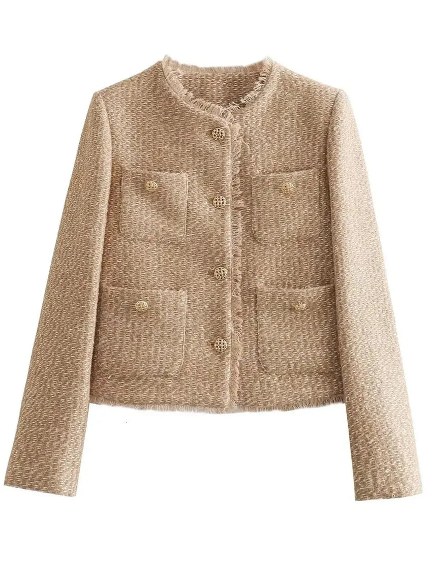 Raw Hem Pocketed Round Neck Jacket  Style Ratio