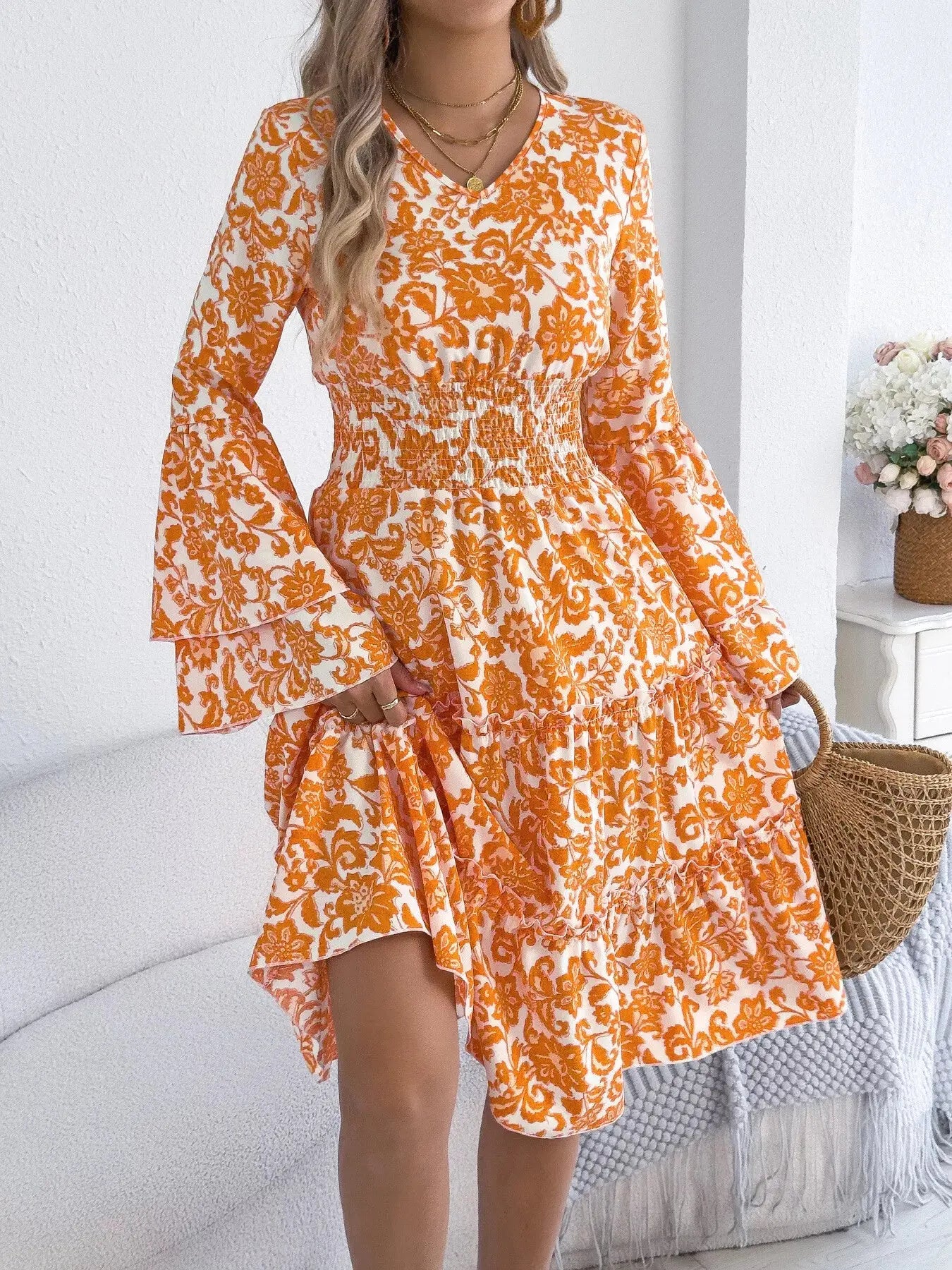 Floral Print Smocked Ruffle Hem Flared Sleeve Dress  Style Ratio
