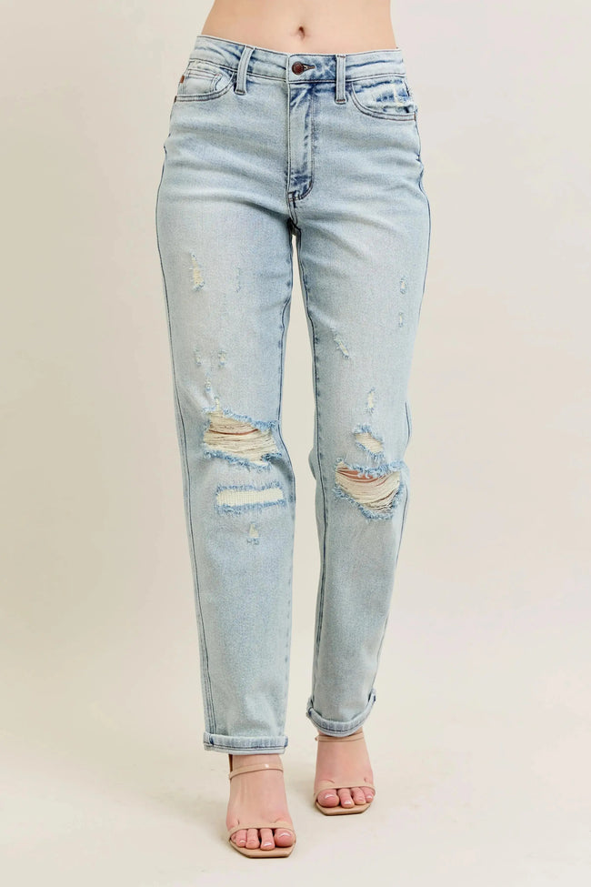Judy Blue Full Size Mr Repair Stitch Detail Destroy Single Cuff Bf Jeans Plus Size  Style Ratio