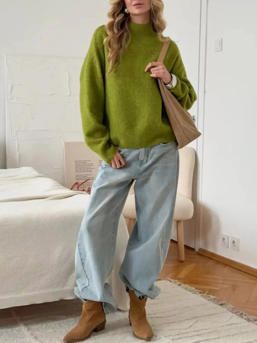 Mock Neck Dropped Shoulder Sweater  Style Ratio