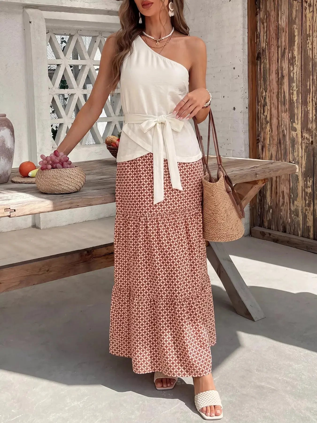 One-Shoulder Top and Geometric Print Maxi Skirt Set  Style Ratio