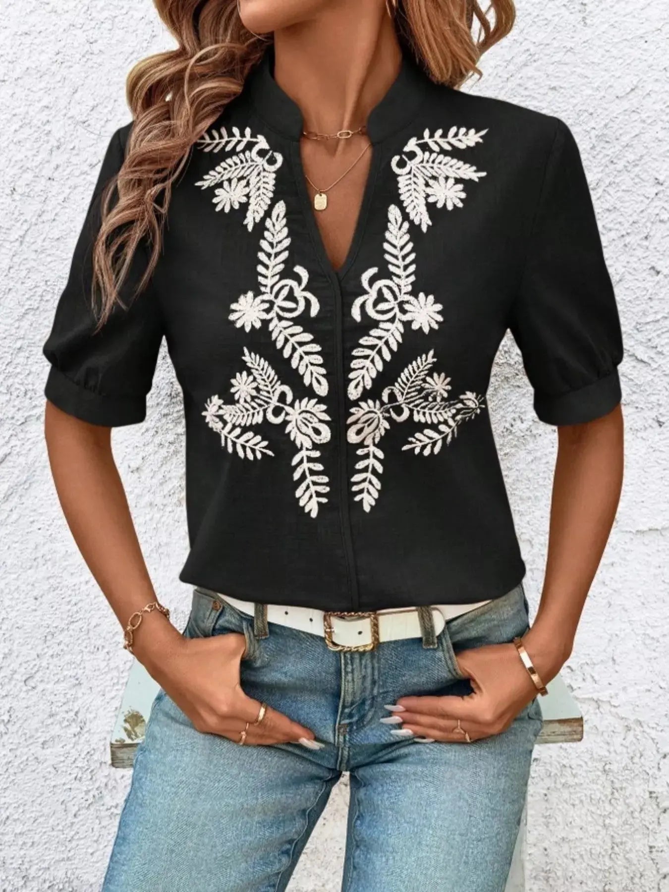 Embroidered Notched Short Sleeve Blouse  Style Ratio