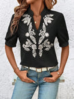 Embroidered Notched Short Sleeve Blouse  Style Ratio