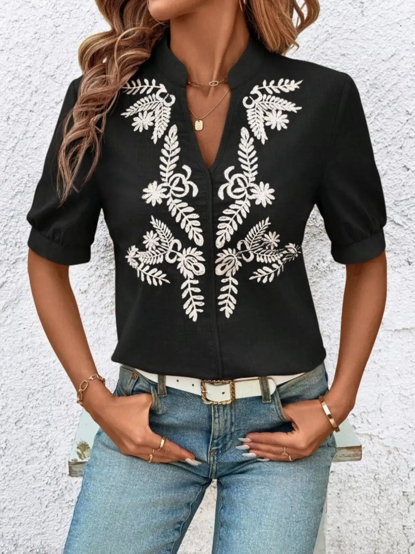 Embroidered Notched Short Sleeve Blouse  Style Ratio