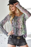 BiBi Snakeskin Print Low Gauge Hacci V Neck Long Sleeve Top  Style Ratio