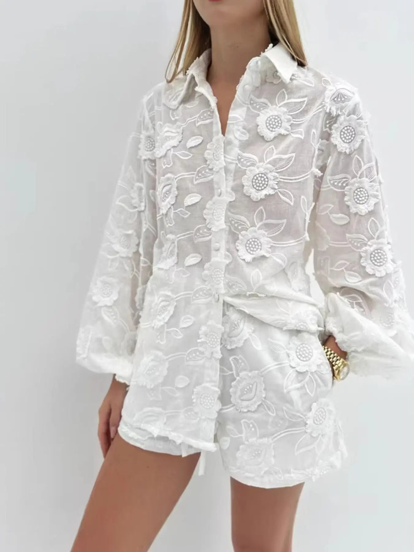 Floral Embroidered Shirt and Shorts Set  Style Ratio