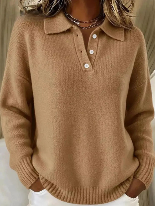 Full Size Half Button Collar Drop Shoulder Sweater  Style Ratio